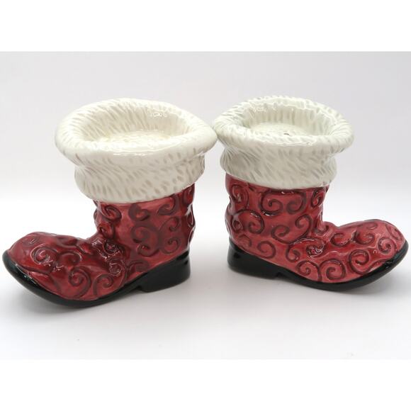 Vintage Fitz and Floyd Ceramic Red Christmas Santa Boot Salt & Pepper Shakers - Picture 6 of 12